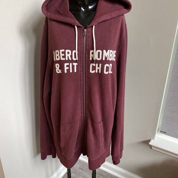 Abercrombie Fitch Zip Up Hoodie Sweatshirt Sz LARGE BURGUNDY Fleece Spell Out - Picture 2 of 11